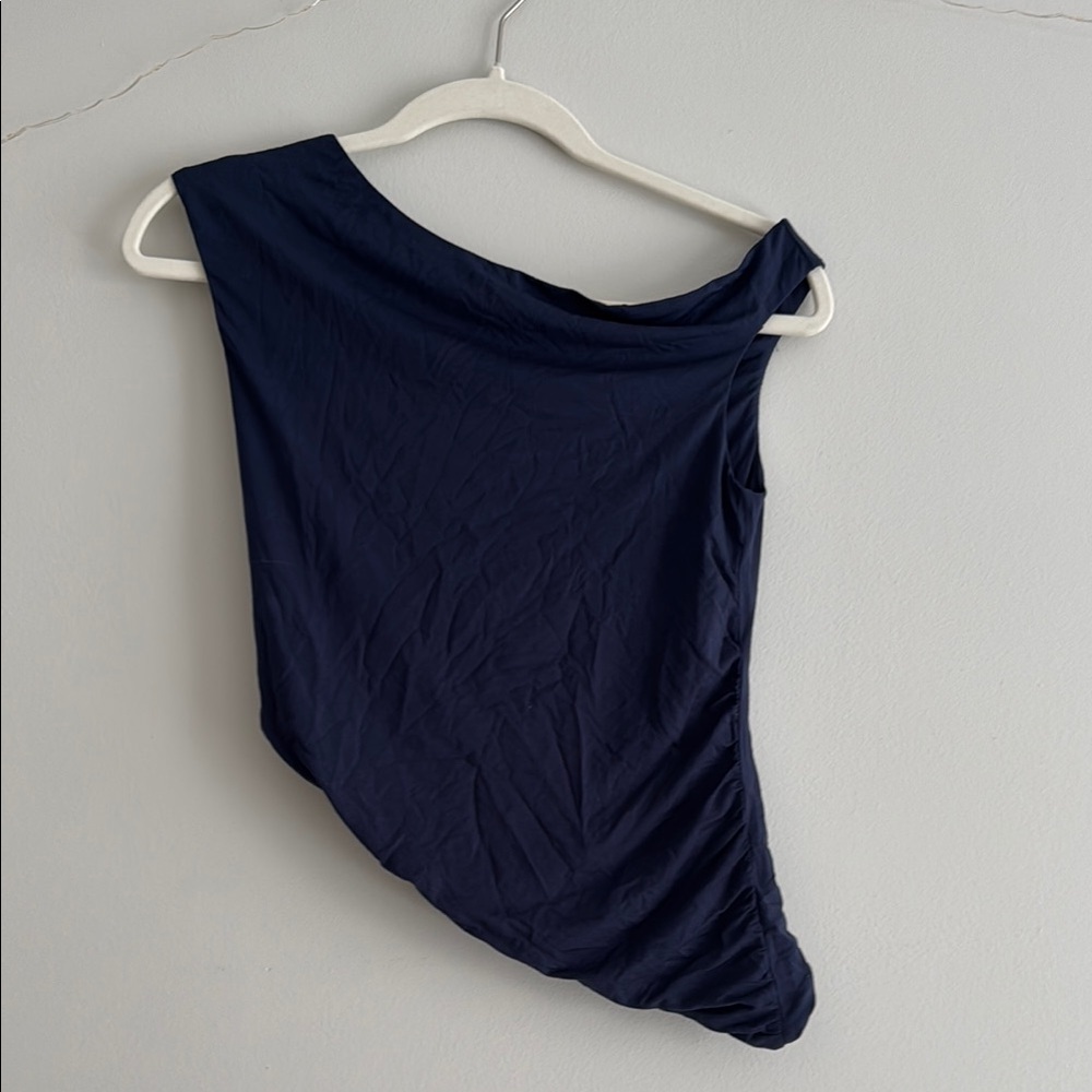 Asymmetrical Rutched Navy Blue Top